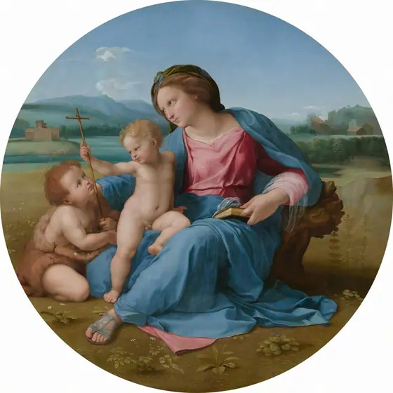 A woman and two children, all with pale skin and flushed cheeks, sit together in a landscape in this round painting. The woman takes up most of the composition as she sits with her right leg, to our left, tucked under her body.