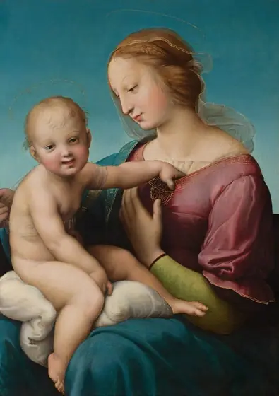 A woman holds and looks toward a nude, young child, who sits on her lap and looks out at us, smiling, in this vertical painting. They both have pale skin and thin, gold halos floating above their heads.