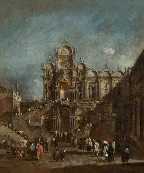 This painting shows a grand building with elaborate arches, columns, statues, and staircases, in front of which is a courtyard filled with people facing away from us.
