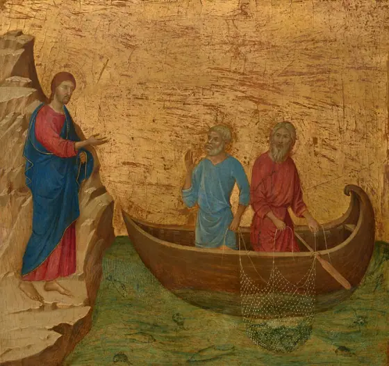 A man stands on a rocky, tan-colored outcropping and gestures to two men in a rowboat, all against a gold background in this square painting. The men’s pale skin is tinged with gray but they have rosy cheeks, and all three have beards.