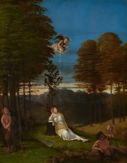 A baby-like winged putto flies above and drops a stream of white flowers onto a woman who sits leaning against a cut tree trunk this vertical landscape painting.