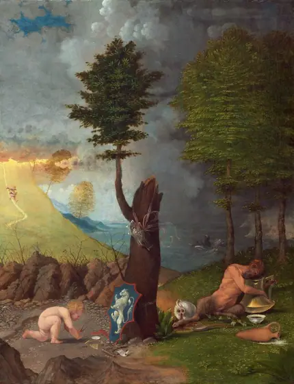 Set on a strip of land under a cloud-filled sky and in front of a stormy sea, a nude, light-skinned satyr reclines to our right as a nude, pale-skinned, blond child crouches over some objects on the dirt ground to our left in this vertical…