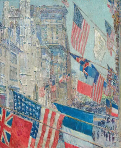 We look beyond a cluster of flags hanging from the side of one tall building onto a wide street at a row of buildings across from us in this vertical painting.