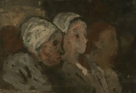 This painting shows three abstract figures closely positioned in a row, their heads and upper bodies visible. The figures appear to be sitting side by side, all facing the right and seen in profile.