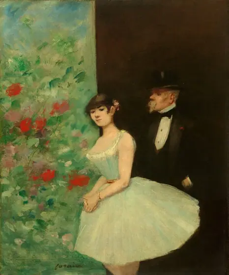This painting shows two people. A woman is seen from the knees up in the center, standing partially in front of the man next to her, her body facing the left and her head turned back towards us.