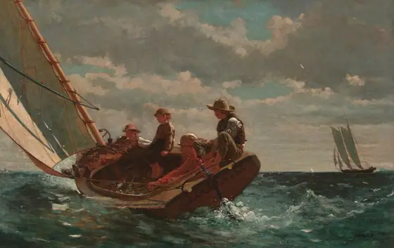 Close to us, a young man and three boys sit or recline in a small sailboat that tips to our left on a choppy dark green sea in this horizontal painting.