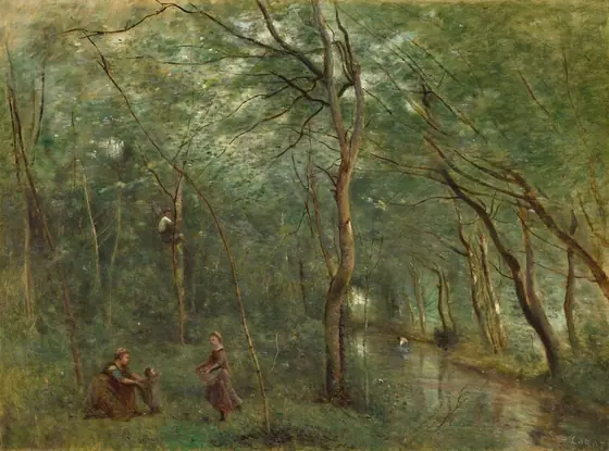 Four people wearing earthy brown gather near a stream that runs through a lush forest carpeted and filled with moss, pine, and sage green trees and undergrowth, interlaced with thin, willowy tree trunks in this horizontal landscape…