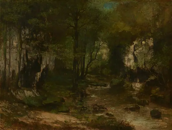 Dense canopies enclose a forested interior along a stream in this horizontal landscape painting.