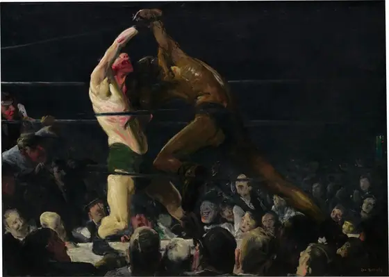 From a darkened arena around a boxing ring, we look up at two bare chested men, one with pale, white skin and the other with brown skin, who lock arms in a boxing match in this horizontal painting.