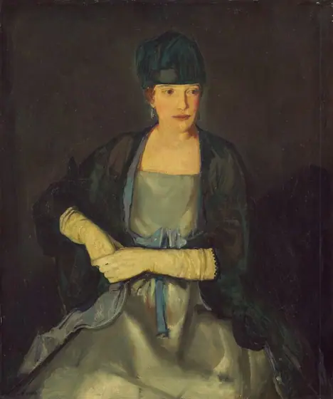 This painting shows a seated woman from the waist up. Her body faces us, and she looks off to the right with a neutral expression. She has light skin, brown eyes, and rosy cheeks.