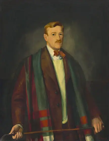 This painting shows a man from the waist up, his body turned slightly to the right. He stands upright, looking at the viewer, holding a golf club or cane horizontally with both hands.