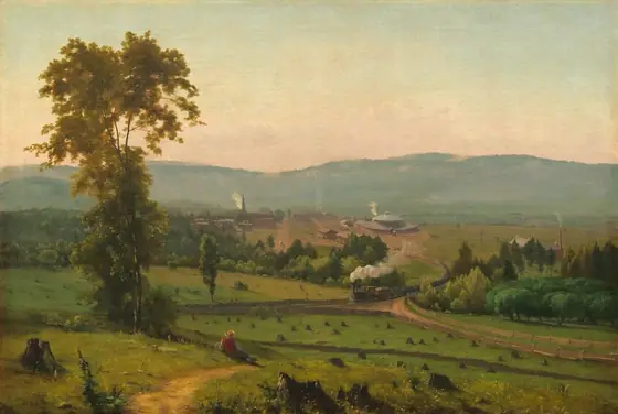 We look across and down into a valley with a person sitting near a tall tree and a train puffing smoke beyond, all enclosed by a band of mountains in the distance in this horizontal landscape painting.