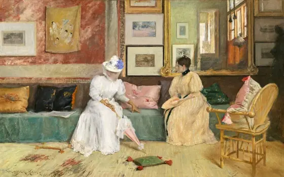 Two pale-skinned women sit facing each other on a long sofa centered on the wall across from us in a room warmly lit from the right in this horizontal painting. The scene is loosely painted so some details are indistinct.
