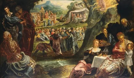 Dozens of men, women, and a few children gather in groups amid a grassy landscape with a mountain in the distance in this horizontal painting. All of the people have pale or ruddy skin and wear flowing cloaks over long tunics or gowns.