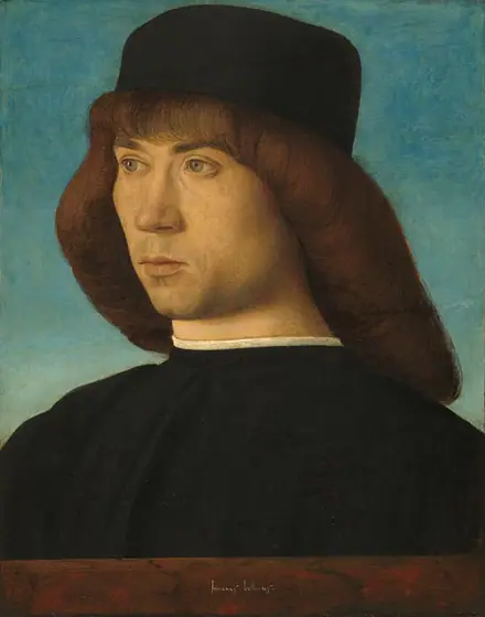 The head and shoulders of a pale-skinned, clean-shaven man fills this vertical portrait painting. The man’s shoulders are angled to our left, and he looks off in that direction with light green eyes.