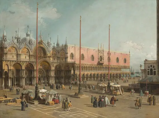 Dozens of men with several women and a few children gather in pairs or small groups across a sun-drenched plaza in front of a domed church next to a long, pale pink building in this horizontal painting.