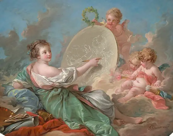 A young woman draws on an oval surface with white chalk while three winged, baby-like putti gather nearby, all on a bank of pale pink clouds in this horizontal painting.
