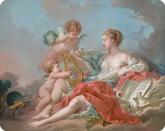 A woman wearing flowing, pastel-colored robes and two, winged, child-like putti gather on a bank of clouds among musical instruments and sheet music in this horizontal painting. The people all have pale, pink-tinged skin.