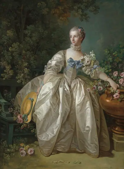 A young woman with light skin stands in a garden, wearing a voluminous, full-length, silvery, shimmering gown in this vertical portrait painting. Her body faces us, as she looks into the distance to our left.