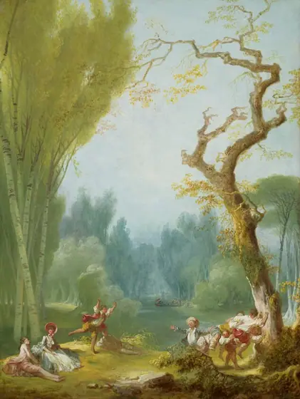 In a lush, tree-lined park, filtered light falls across a group of about a dozen light-skinned people lounging and frolicking along the banks of a river in this vertical landscape painting.
