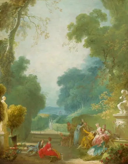 Towering, pale, celery-green trees frame a view of a lush park with about a dozen elegantly dressed, light-skinned men and women in this vertical landscape painting.