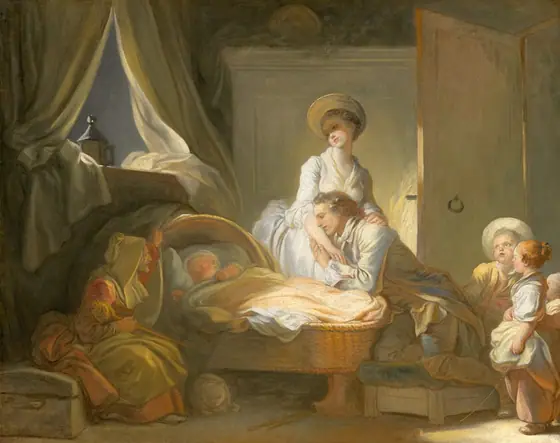 Two women, a man, and three small children gather around a baby sleeping in a wicker cradle near an open window in this horizontal painting. The people all have pale skin with rosy cheeks.