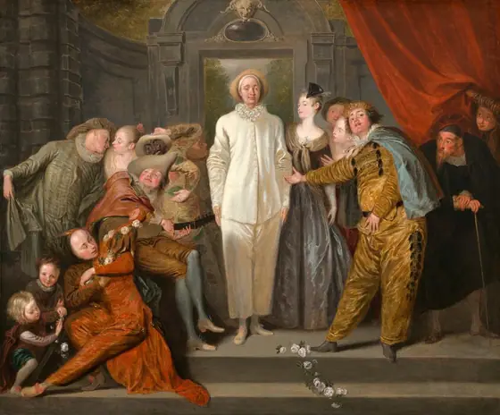 A man wearing loose, ivory-white clothing stands flanked by two groups of people in this horizontal painting. All the people have pale or peachy skin except for one person, who may have a brown mask.
