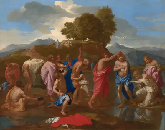 Twelve people and one child stand, sit, or kneel along a riverbank in this horizontal painting. All the people have pale or tanned skin, and are muscular.