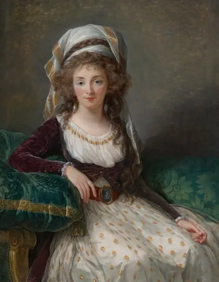 Shown from the knees up, a young woman with pale skin, wearing a short wine-red jacket over an ivory-white gown, gazes out at us from this vertical portrait painting.