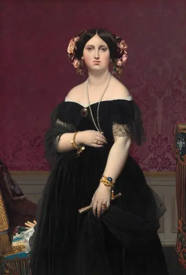 Shown from the knees up, a pale-skinned woman wearing an off-the-shoulder, black gown stands in front of a maroon-red wall in this vertical portrait painting. Her body is angled to our left, but she turns her round face to us.