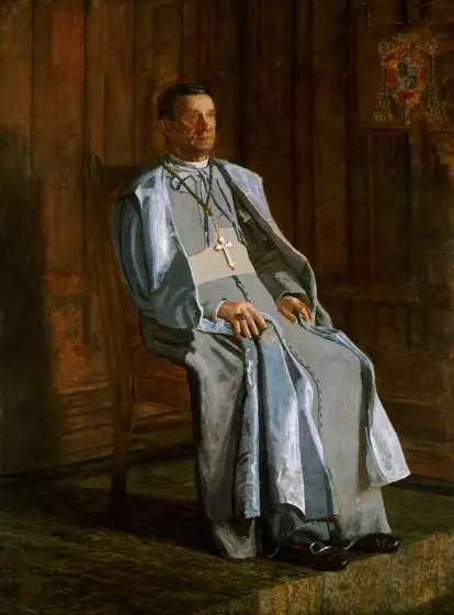 This painting shows a man seated in a wooden chair, facing slightly to the right with his hands resting on his lap. He has pale, wrinkled skin, a large nose, prominent cheekbones, a thin, closed mouth, and short dark hair.