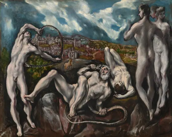Close to us, six people, all nude with light skin, stand or lie intertwined with snakes on a bank of rocks in this horizonal painting.