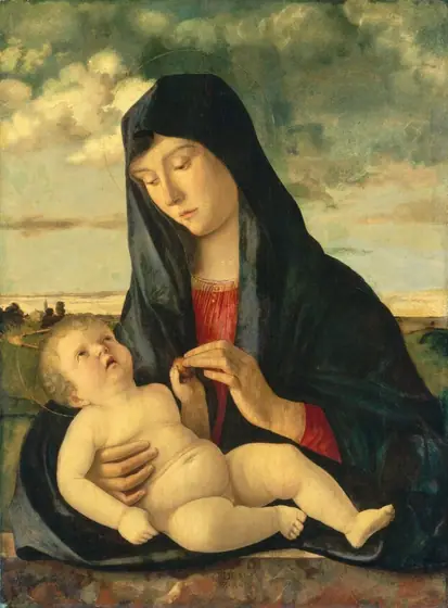 Shown from the waist up behind a stone ledge, a young woman nestles a nude baby against her chest in this vertical painting.