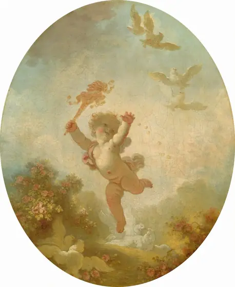 This oval painting shows a cherubic figure floating in mid-air with one leg bent and arms outstretched. The cherub has curly hair, a round face, and rosy cheeks, and they are smiling gently.