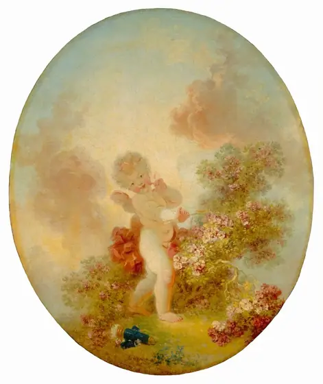 This painting image depicts a cherubic child in a garden setting. The child is standing with one foot in front of the other and has small wings on their back.
