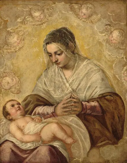 Shown from the knees up, a seated woman is surrounded by an arch of disembodied, winged baby heads as she gazes down at an infant lying across her lap in this vertical painting.
