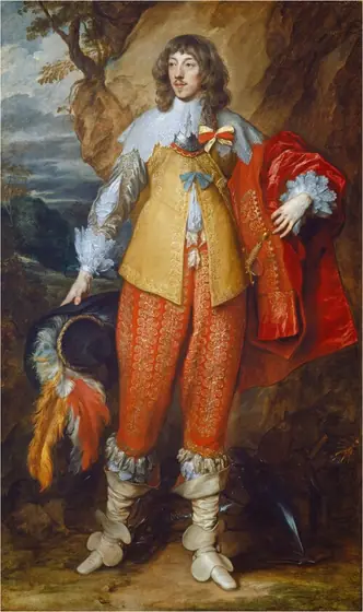 A man with pale skin, wearing a gold-embroidered amber-yellow jacket and tomato-red pants, stands in front of a rocky outcropping with a distant view beyond in this vertical portrait painting.