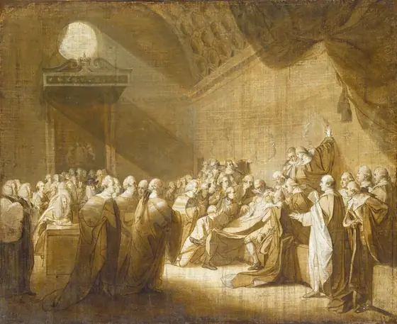 This is a painting of a large gathering in a grand hall or courtroom setting. Filling the space are numerous people dressed in elaborate robes. These people all appear to be men with pale skin and curled white hair.