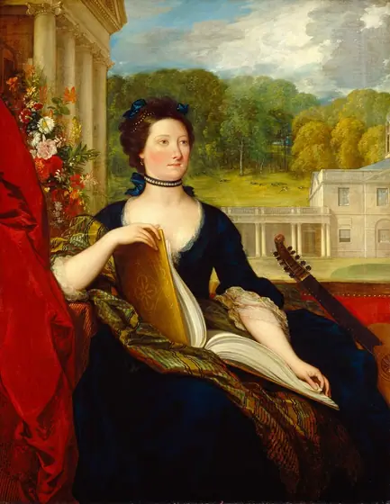 This painting shows a seated woman, her head turned slightly to the right. She has fair skin with rosy cheeks, pale eyebrows, a long nose, and thin pink lips in a neutral expression.