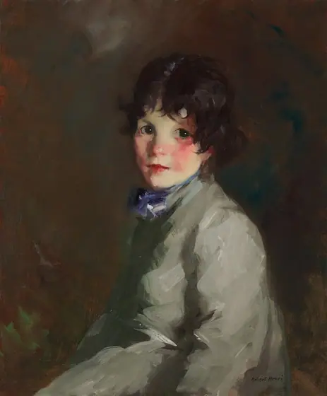 This painting is a portrait of a child seen from the waist up. The child is seated, with their body turned to the left but their head facing us.
