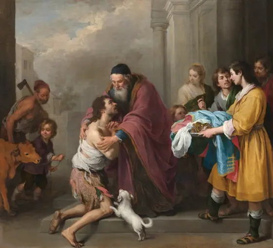 A barefoot man wearing tattered clothing, with his hands clasped at his chest, kneels at the feet of an old, bearded man in this almost square painting. The pair is flanked by five people on our right and a man, boy, and calf on our left.