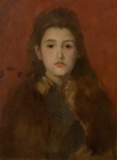 The head and shoulders of a young woman with gold-tinted, pale skin looks out over our right shoulder from against a tomato-red background in this vertical painting.