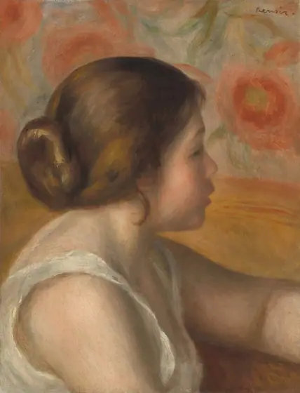 This painting shows a young woman's upper body from the torso up. She is seated and facing the right, with her face seen in profile and one arm bent in front of her, seeming to rest on a brown table or surface.