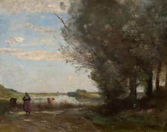 The painting depicts a rural scene with a wide, cloudy blue sky over a riverbank. On the right there are tall, dark green trees that stretch up to the top of the painting.