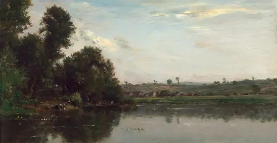 This painting shows a tranquil river scene with a distant horizon on the left showing rolling landscapes, trees, and small brown buildings across calm water.