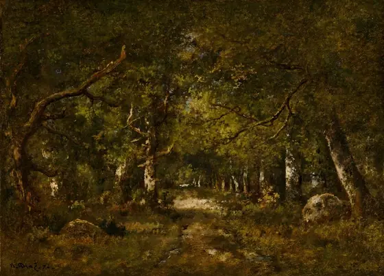 The painting depicts a forest floor under tall trees, with a grassy path leading into the distance. The sky is obscured by dense green foliage and tree limbs.