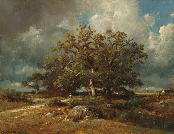 The painting depicts a landscape with a field, trees, and a dramatic cloudy sky. Grass, rocks, and a group of large trees are visible in the center of the composition.