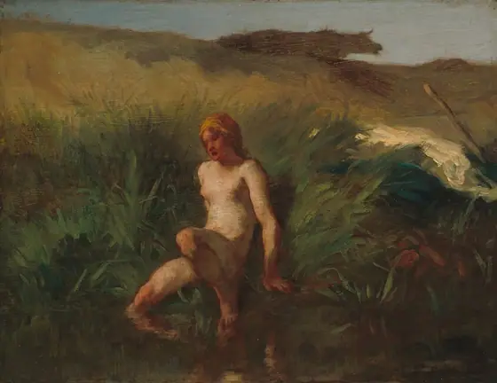 A nude, pale-skinned woman sits on a grassy bank and extends one leg into the water in this loosely painted, horizontal composition. Her small breasts are bare, and the arm we see has some muscular definition.
