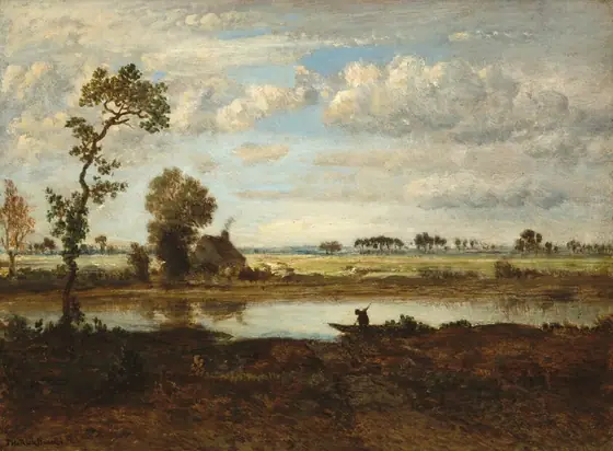 The painting shows a landscape with a calm body of water stretching across the center, beyond a brown bank of rocks and short green grass. A thin tree rises up on the left.