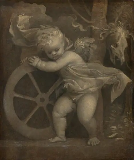 Painted entirely with tones of white and gray, a pudgy, winged baby-like putto, Cupid, holds onto a wheel in this vertical canvas. Cupid’s body is angled to our left, where he hunches over the shoulder-high wheel.